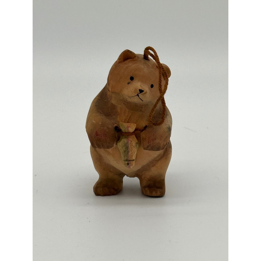 Vintage Hand Carved Wooden Bear holding Fish Ornament Rustic Woodland 3 Inch